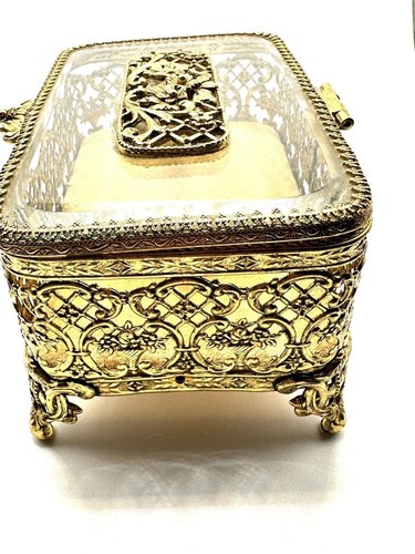 Matson Ormolu verzierte Blume Schmuckkästchen Fase Glas Gold filigran Fuß Schatulle - Bild 8 von 14