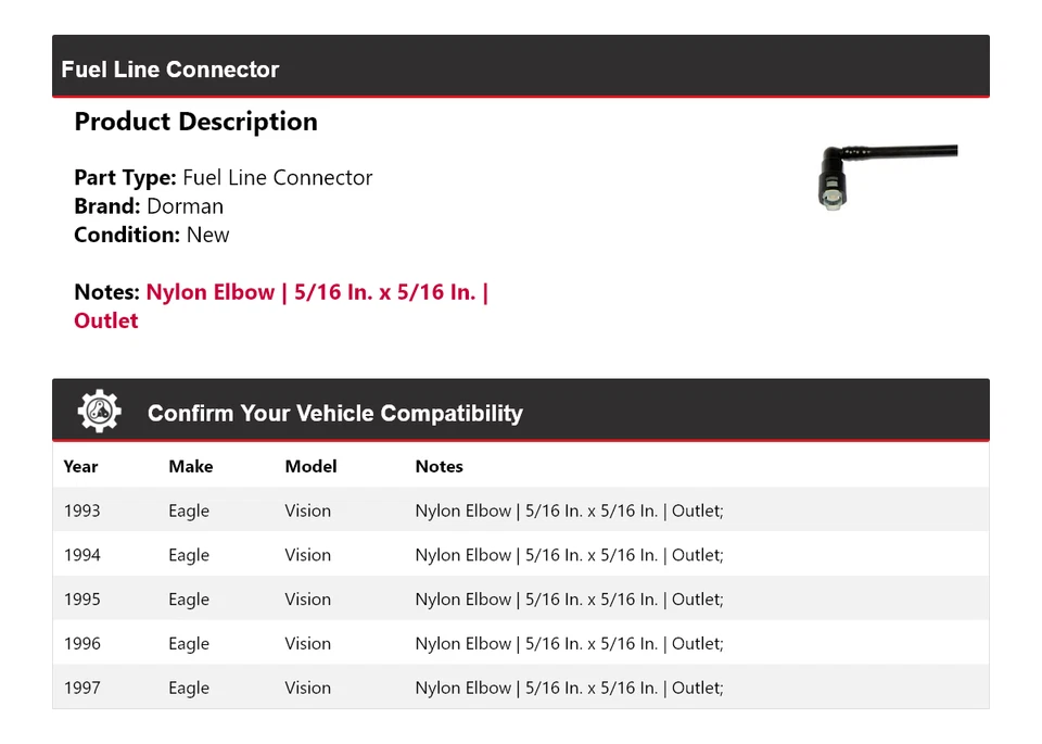 Conector de línea de combustible Eagle Vision Dorman 1993-1997 1994 1995 1996 Foto 2 de 4