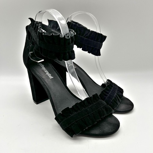 Jeffrey Campbell Lindsay Black Suede Ruffle Open Toe Ankle Strap Block Heels 8.5 - Picture 2 of 11