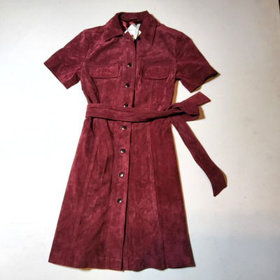 Asos suede red dress short sleeve women belted snaps shirt size 2 us leather