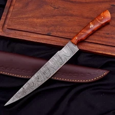 CUSTOM HANDMADE DAMASCUS RESIN HANDLE CHEF KNIFE WITH PREIMUM LEATHER SHEATH