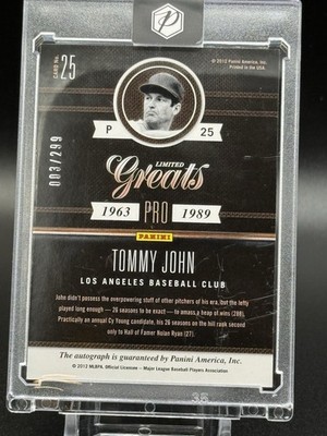 Panini 2011 Limited Greats Tommy John Auto #25 Los Angeles Dodgers 03/299