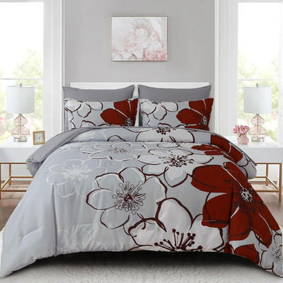 Queen Red Floral Comforter Set - 7 Pieces Soft Microfiber Bed in a Bag