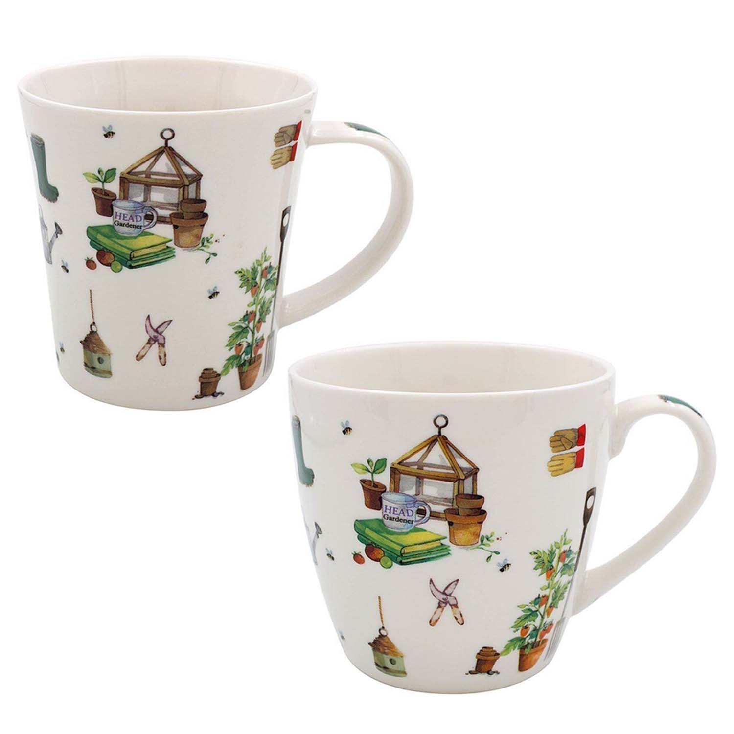 2pc Green Fingers Fine China Mugs Garden Theme Tapered & Round Cup Drinkware Set