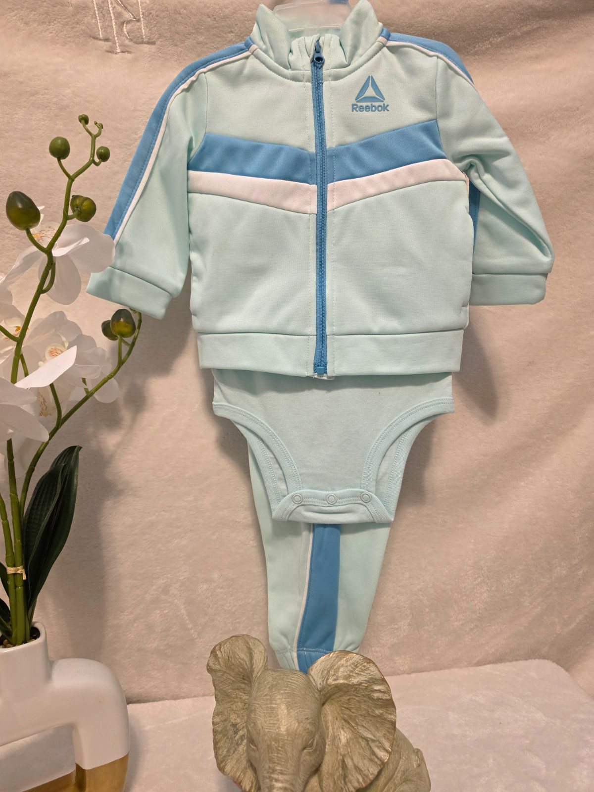 Reebok 3-Piece Fleece Outfit Set Colorblock Light Blue and Teal  3-6M Full Zip