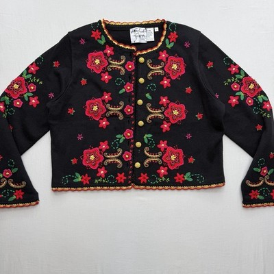Michael Simon XL Black Cardigan Sweater Floral Embroidered Beaded Button Front