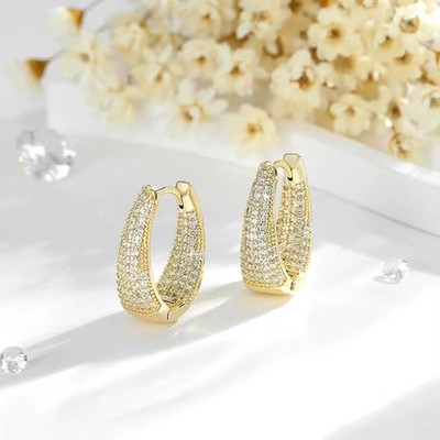 Golden Damen Creolen 14Karat mit Zirkonia   Glänzende Hoop Ohrringe Elegant