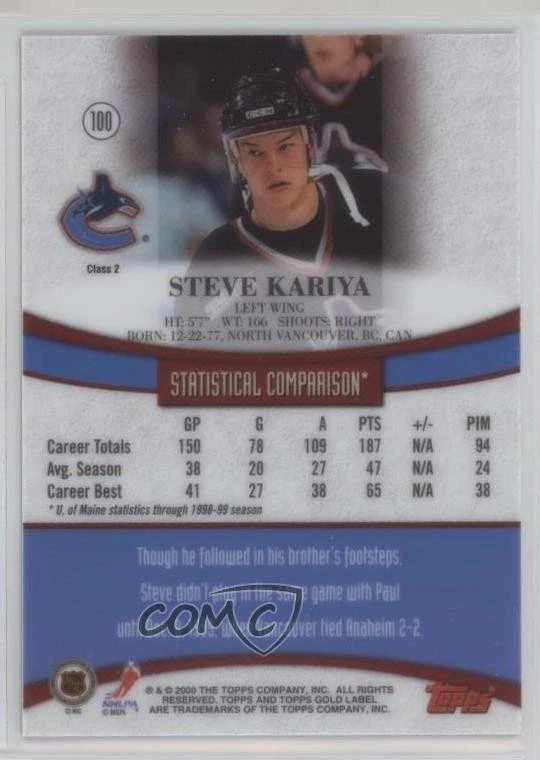 1999-00 Topps Gold Label Class 2 Steve Kariya #100 Rookie RC - Image 2 of 2