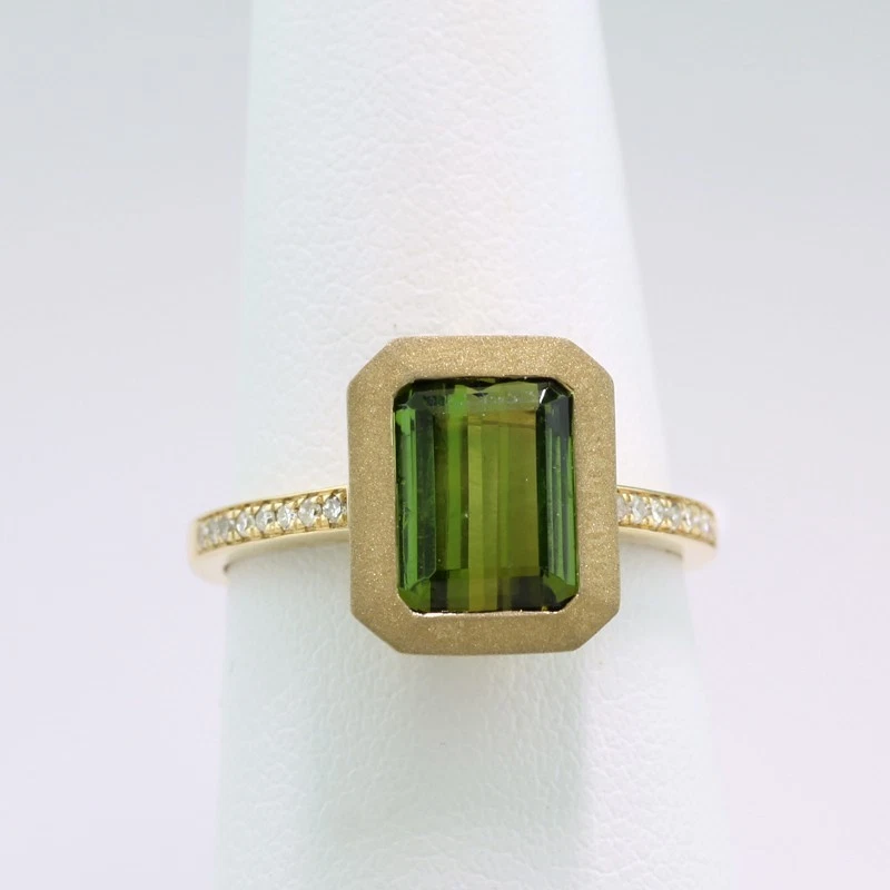 Anillo De Turmalina Verde Verdelith Diamantes 585er Oro Amarillo 14KT,Nuevo - Imagen 2 de 4