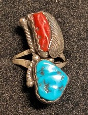 Vintage Navajo Sterling Silver Cocktail Turquoise Coral Woman's Ring size 8