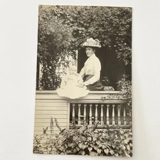 Antique RPPC Real Photograph Postcard Beautiful Woman Hat Baby Porch ID Barnett