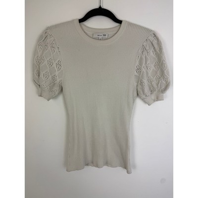 Milly Womens Pointelle Puff Sleeve Rib Knit Fitted Stretch Sweater Cream Small
