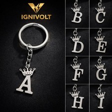 A-Z Initial Letter Keychain Stainless Steel Crown Name Charm Car Bag Gift Pro...