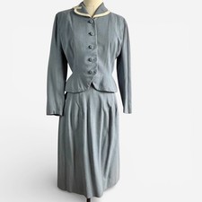 Vintage 1950s Lady Renlyn Blue Wool Nipped Waist Skirt Suit Small