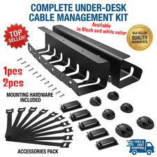 Black/White  Metal Under Desk Cable Management Tray with Adhesive Clips & Ties