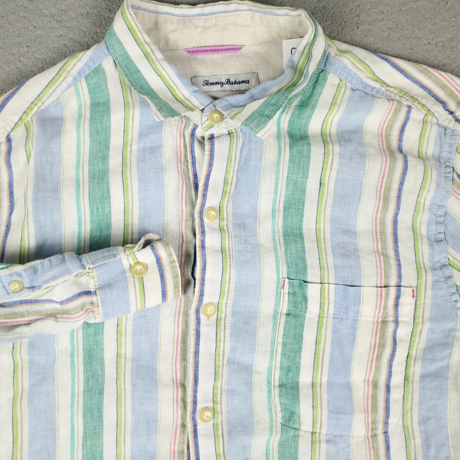Tommy Bahama Shirt Mens Large Blue Striped Linen Button Up Long Sleeve