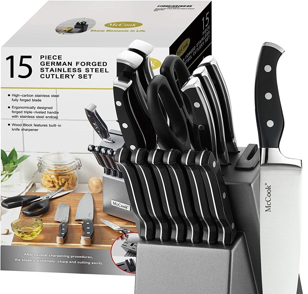 Knife Set, 15-Piece Kitchen Knife Set with Block Wooden Carbon Stainless Steel-image