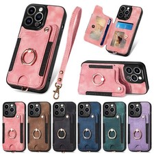 For iPhone 16e/15/14/13/12/11/XR Wallet Case RFID Card Slots Ring Holder Strap