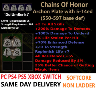   PC PS4 PS5 XBOX SWITCH   Chains Of Honor Coh Diablo 2 Resurrected items D2R