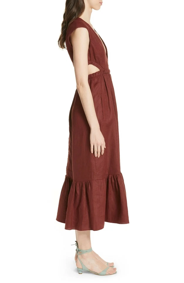 Maxi Vestido TIBI Borgoña Corte Cintura Verano Lino Lona Volantes Dobladillo Midi 12 = L Foto 2 de 4