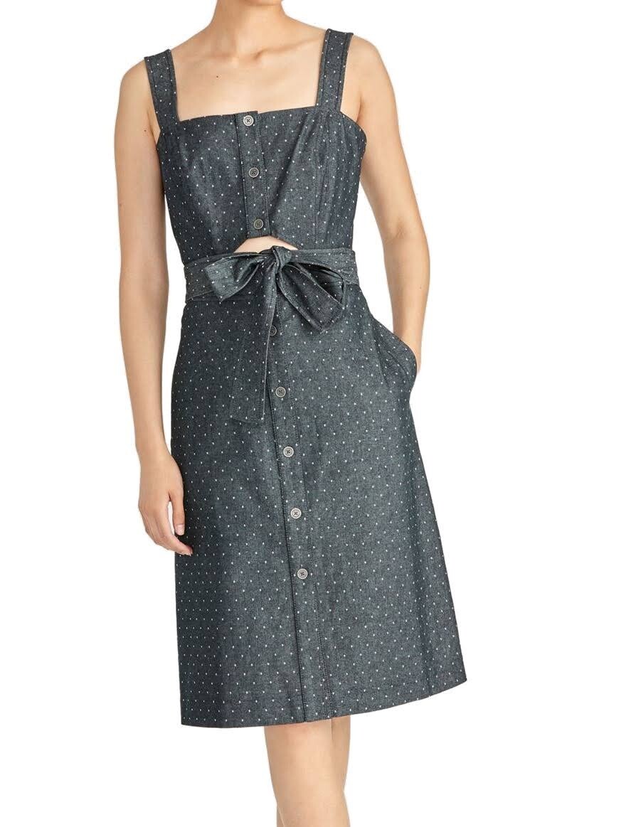 rachel roy denim dress Rachel Roy Womens Belted Polka Dot Sleeveless Square Neck Below The Knee Party Shift Dress 10 / Gray