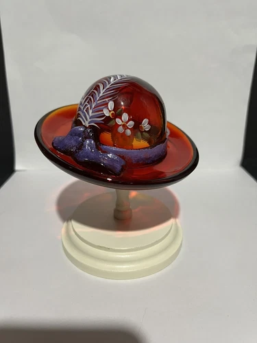 Fenton Red Ruby Hat with Purple Bow & Stand Signed Red Hat Society 100 Yr.