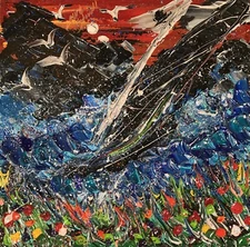 Original 14x14” Abstract Thick Texture Seascape Flower Painting by Laura Stovall