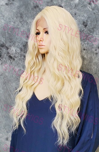 Peluca rubia clara larga ondulada segura al calor encaje frontal/parte superior mezcla cabello humano EVEC 613 - Imagen 3 de 7