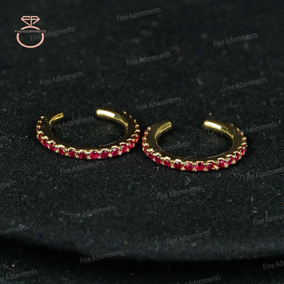 Solid 14k Gold Cartilage Ear Cuff No Piecing Natural Ruby Earrings New (Single) - Image 4 of 4