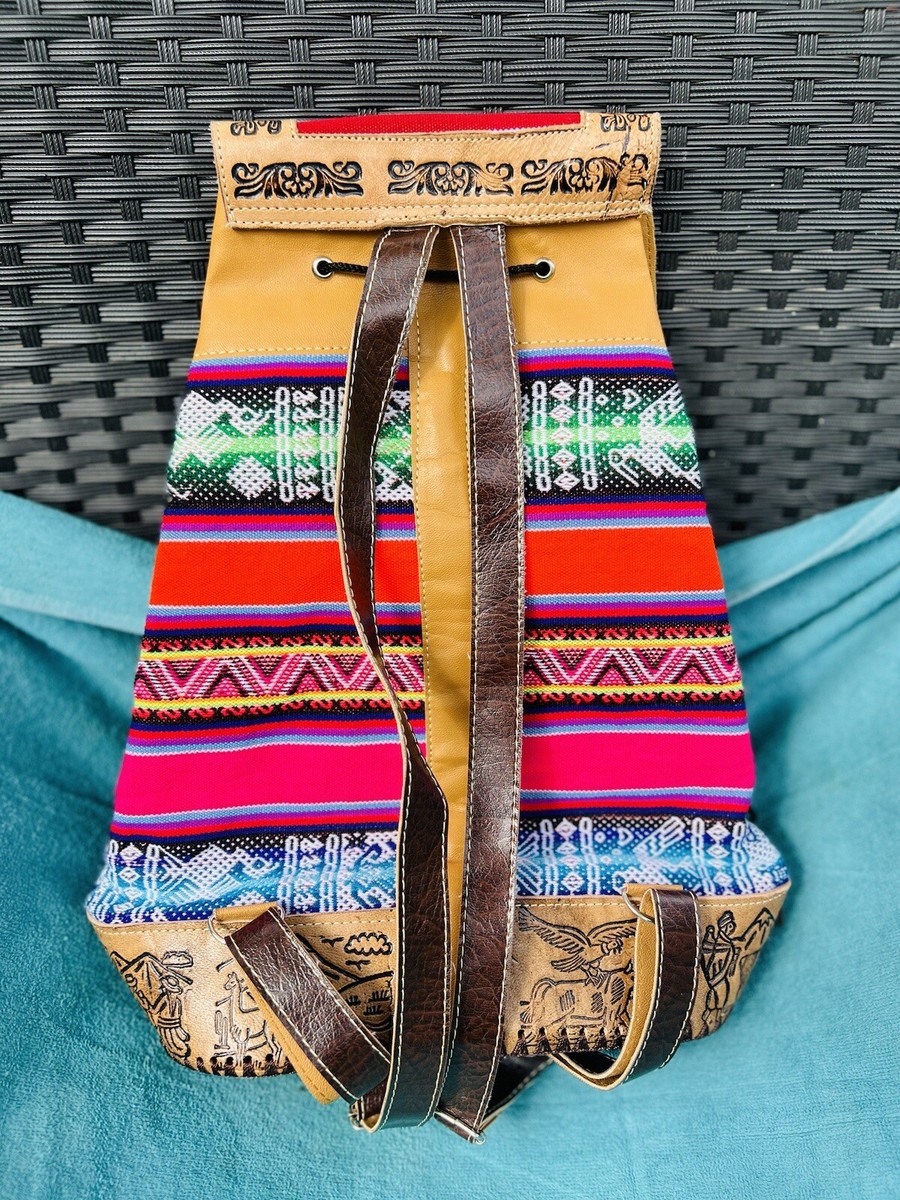 Hand-tooled mixed media leather backpack embroidered artsy Machu Picchu Peru s-l400.jpg main image 2