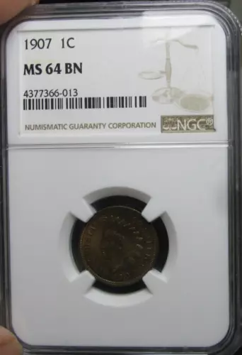 1907 Indian Cent Penny---- NGC MS-64 Graded Coin ---- #954A