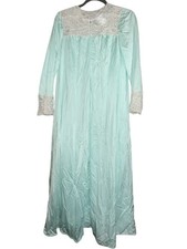Vtg Shadow Line Long Mint Green Blueish Nightgown Robe Set Lace Accents Small