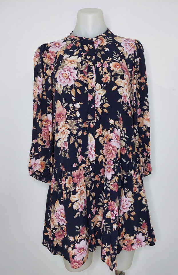 FOREVER NEW Black & Floral 3/4 Sleeve Mini Shirt Dress Size 10