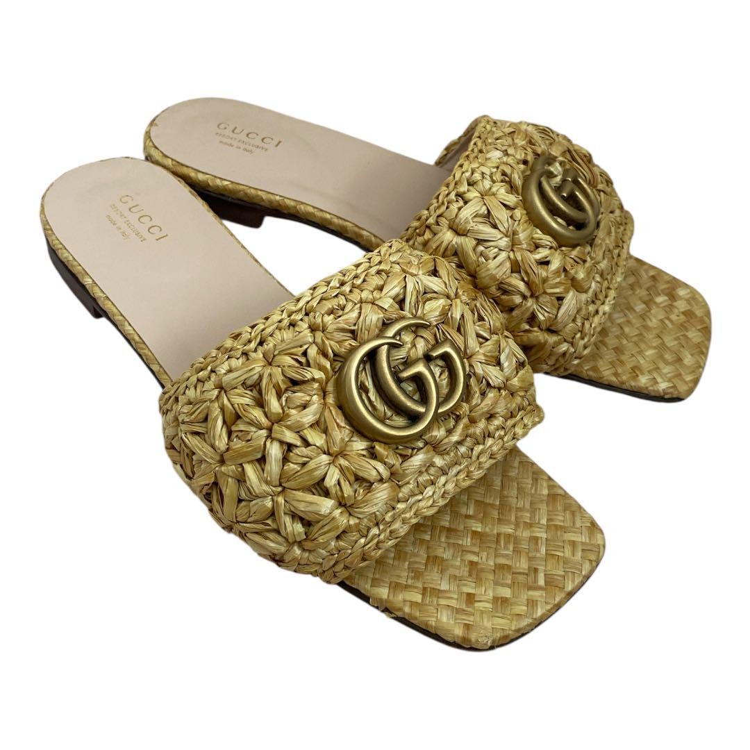 APL Gucci Sandali Mules Frat GG Marmont Rafia Beige EU37 US7 90680c