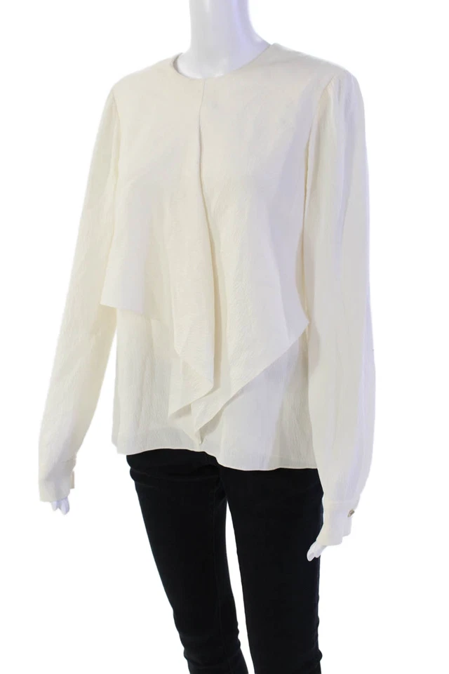 Jason Wu Women's Round Neck Long Sleeves Asymmetrical Silk Blouse Beige Size S - Image 2 of 4