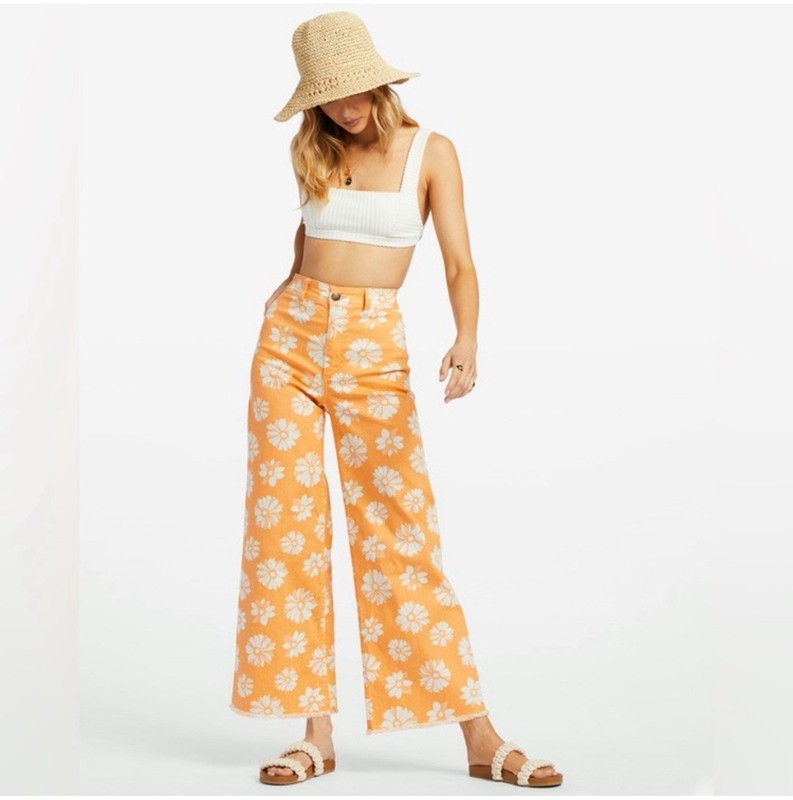 Billabong Free Fall Wide Leg Orange Floral Print Pants Sz 26
