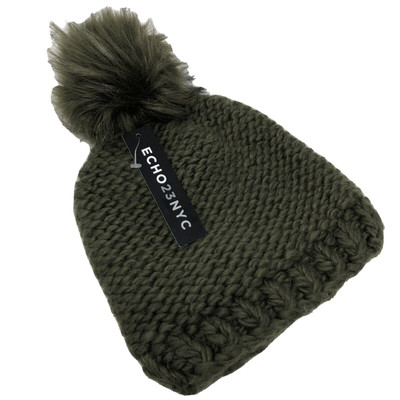Echo23NYC Knit Faux Fur Pom Beanie Olive Green MSRP $49 | eBay