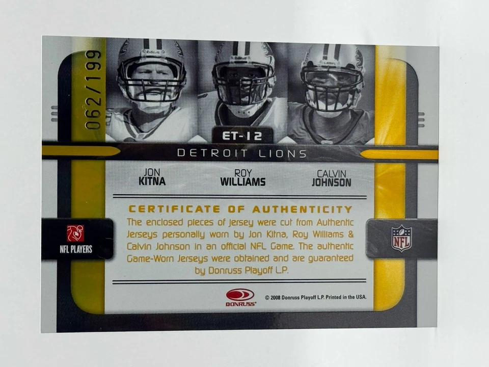 2008 Donruss Elite Teams Gold /199 Jon Kitna Roy Williams Calvin Johnson Relics - Image 2 of 2