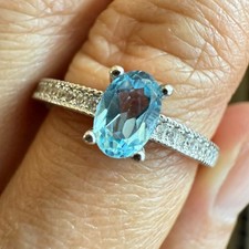 925 Sterling Silver Ring Oval Blue 6x4mm Natural Topaz Gemstone Zircon NEW