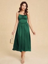 Green Rhinestone Straps Detail Ruched Bust Satin Ladies Slip Dress Size M 10