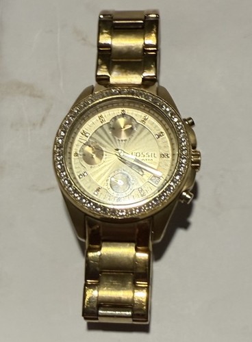 Fossil💫All Stainless Steel Quartz Women's Watch ✨Gold Rhinestone Bracelet Date - Picture 3 of 11