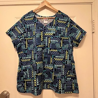 Women's ScrubStar Scrub Top XL NWT black green blue turquoise polka dots shirt