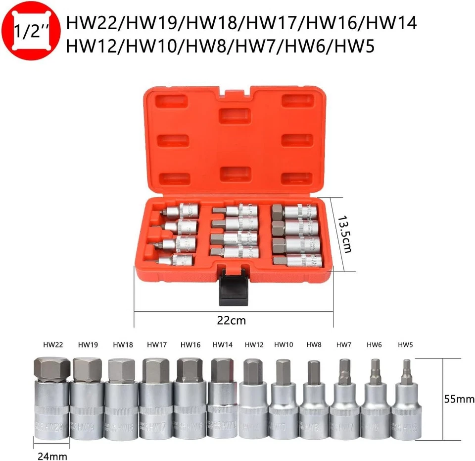 12tlg Steckschlüssel Satz Innen Sechskant Nuss HW5 - HW22 1/2" Inbus Schrauben - Bild 2 von 4