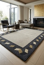 Modern Geometric Border Area Rug Hand Tufted Wool Abstract Ivory Charcoal Gold