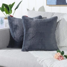 Pack of 2 Grey Faux Soft Fur Fuzzy Cozy Decorative Throw Pillow Covers Set Cu...