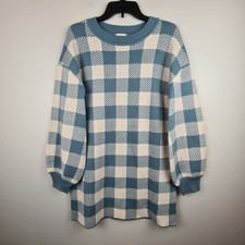 Vestido Suéter LPA Floyd Cuadros Polvoriento Azul y Marfil Manga Globo Pequeña Elegante
