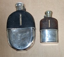 2 Antique Victorian Silver Plated Hunting Hip Flasks 8 Ounces & 2 5/8 Ounces
