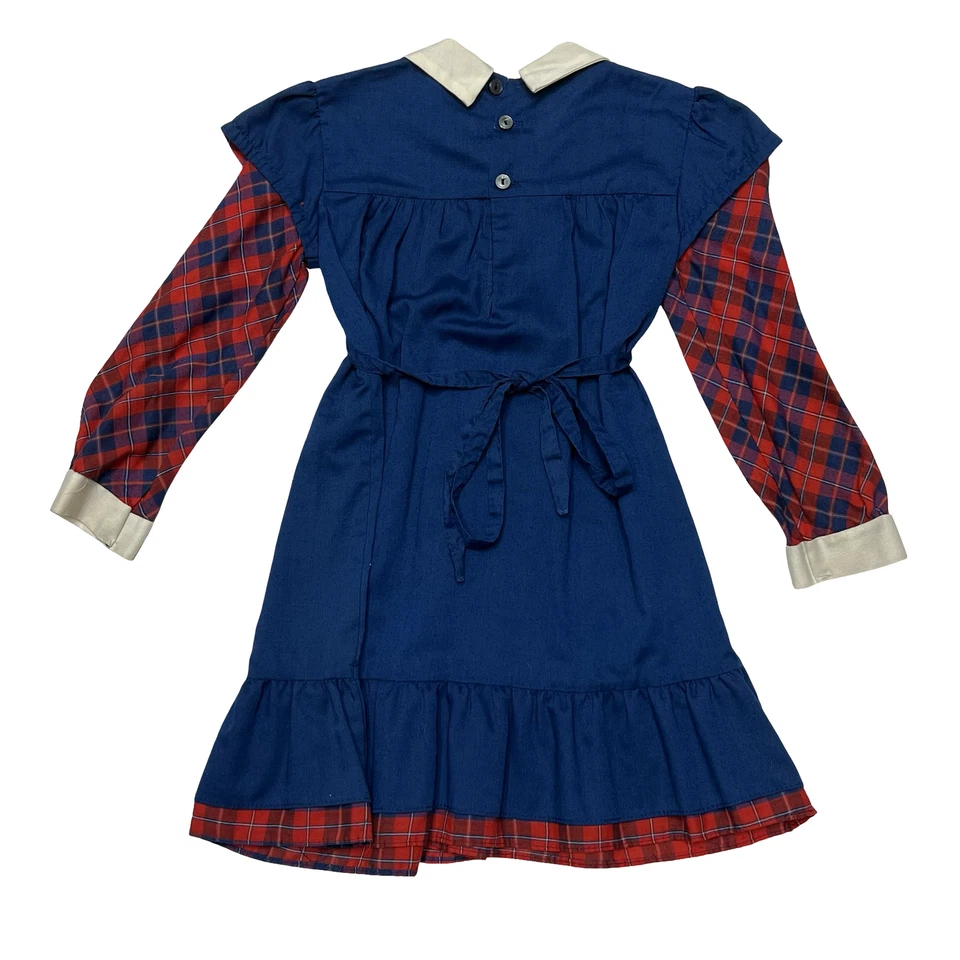 Vestido vintage de Polly Flinders para niñas 5 cuadros de manga larga Peter Pan Cuello 70s 80s Foto 3 de 4