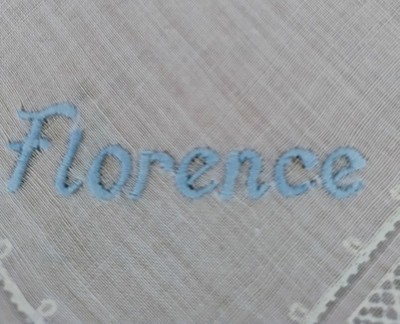 Vgt Blue Embroidered Name FLORENCE White Hankie Handkerchief