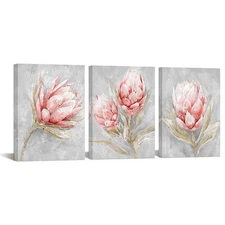 KREATIVE ARTS 3-Piece Pink & Grey Floral Wall Art - Protea Flowers Canvas Pri...